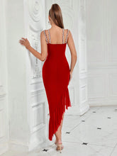 ADYCE Ladies' Rhinestone Strappy Irregular Hem Ruffle Trim Bodycon Party Dress With Shoulder Straps